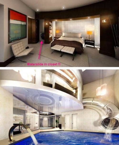 Two photos showcasing a water slide entrance from the master bedroom to the swimming pool
