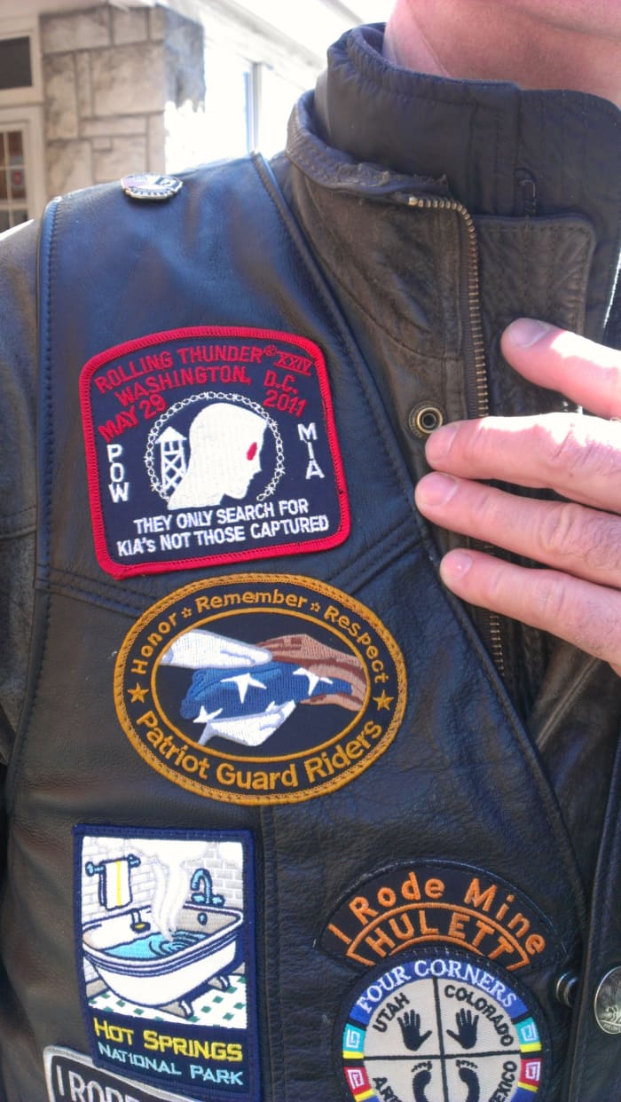 Mark sports his PGR patch. Patriot Guard Riders can purchase patches, but the Patriot Guard patches like Big John's (above) are awarded only when a rider takes part in their first escort ride.