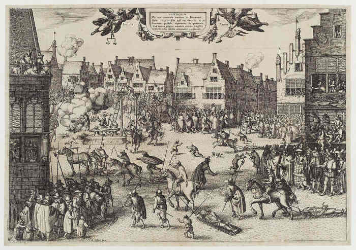 Print by Claes (Nicolaes) Jansz Visscher of Fawkes as well as Wintour, Rookwood and Keyes being dragged on wicker hurdles to the place of execution - Fawkes is said by some to have leapt off the scaffold with the noose around his neck.