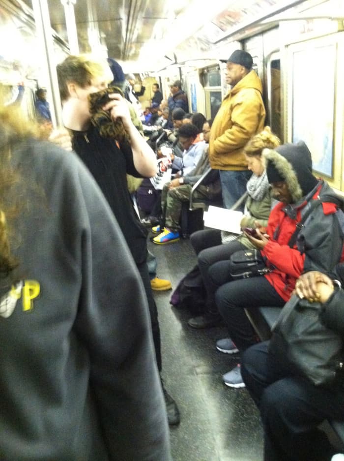 Extroverts like to strike up conversations with strangers on the train. (Subway, NYC)