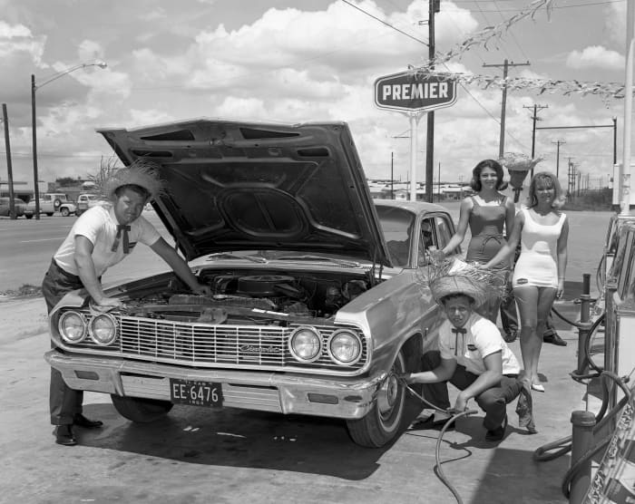 Wouldn't it be nice to receive service like this at gas stations these days? Unfortunately, those sky high prices don't include courtesy checks for your vehicle.