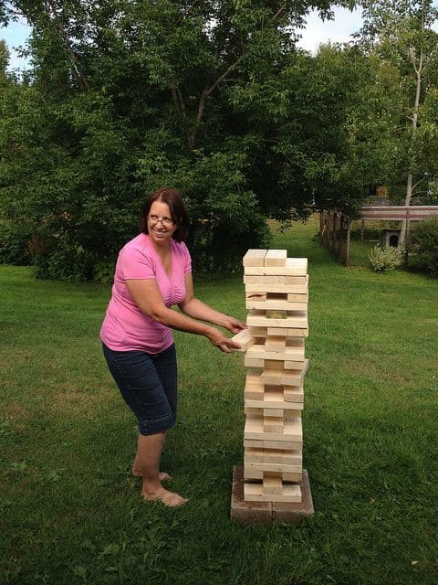 Making an extra large version of the classic Jenga tower game would actually be a pretty straightforward woodworking project.