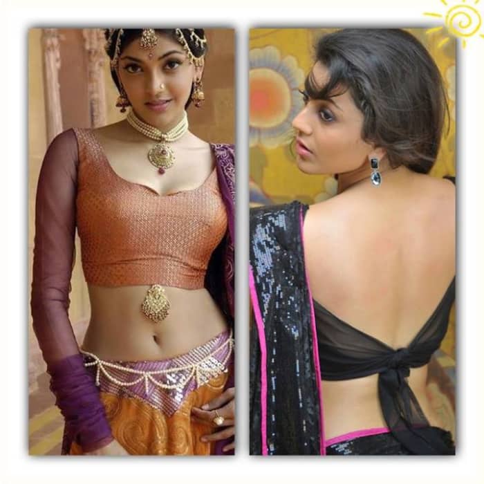 A chiffon black blouse with a knot at the back on the right. A katan blouse with a chiffon/net sleeve on the left.