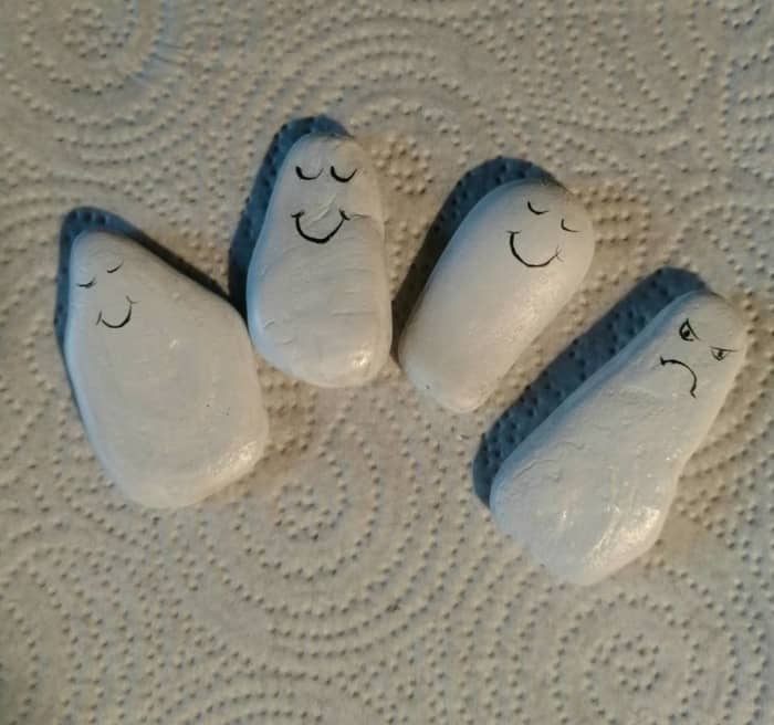Julie Cole teaches a class in Ashtabula, Ohio in September where each adult participant makes a Halloween fairy garden. These ghosts painted on stones are part of her class.
