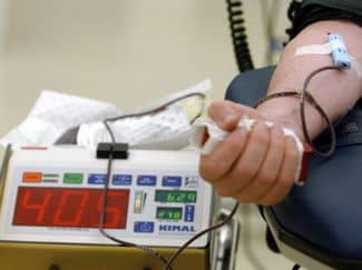 An example of a whole-blood donation. The machine's reading out the volume of blood already donated in milliliters.