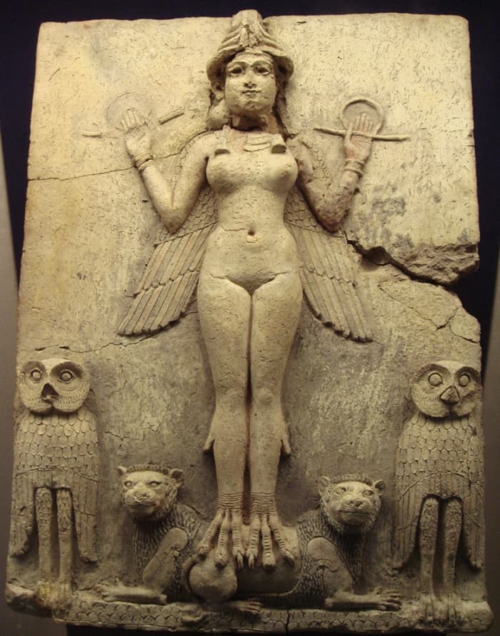Relief from the Old Babylonian period. The depicted figure could be the goddess Ishtar, Mesopotamian goddess of sexual love and war. But the wings on her feet suggest a connection with Lilith.