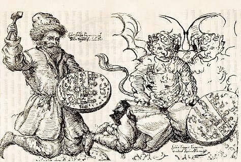 A very old illustration of a Saami shaman drumming himself into a trance. Note the artist interprets the shaman's spiritual journey as demonic.