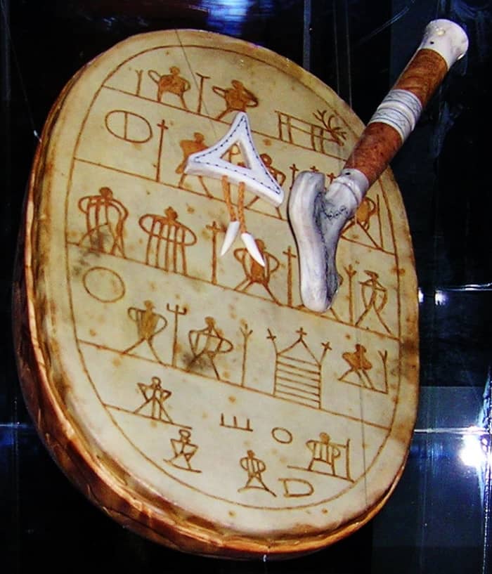 Copy of the rune drum belonging to the 100 year old Saami Anders Paulsen. Cultural Department of the Museum in Oslo, Norway. The rune drum was confiscated by the authorities of Vadsø in 1691.