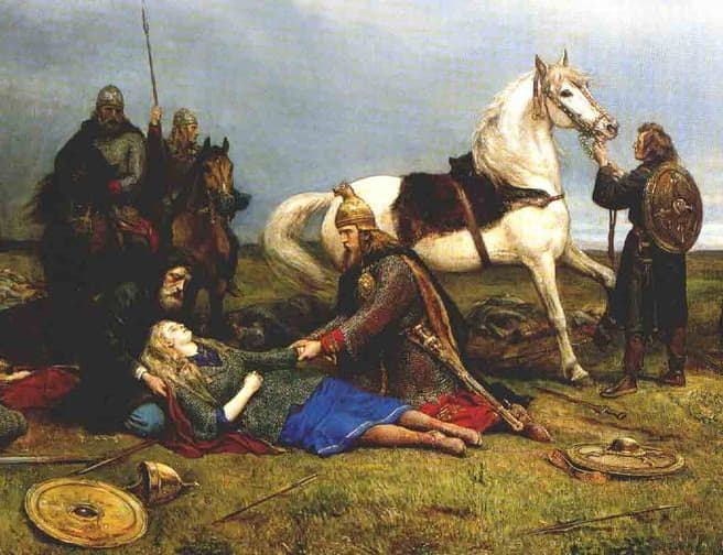 Hervor, a renowned shieldmaiden attested to in the Poetic Edda. She is shown here dying after a battle.