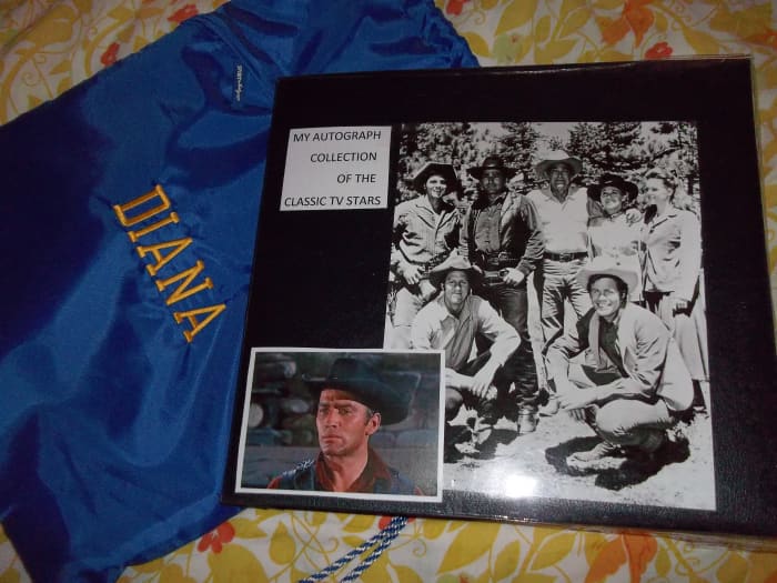 This is the cover of the Scrapbook I keep my autograph pictures in. Notice the cinch sack with my name on it, it fits perfectly over the scrapbook for extra protection.