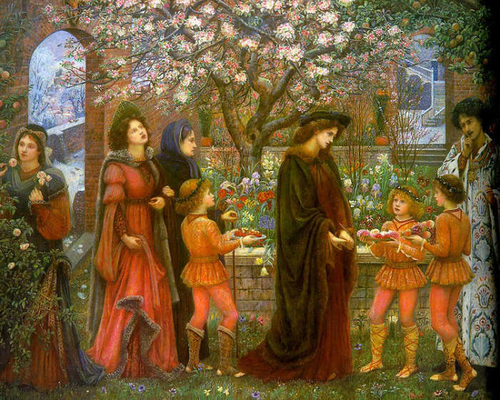 "The Enchanted Garden of Messer Ansaldo", a painting of one of the tales from the "Decameron",painted by Marie Spartali Stillman.