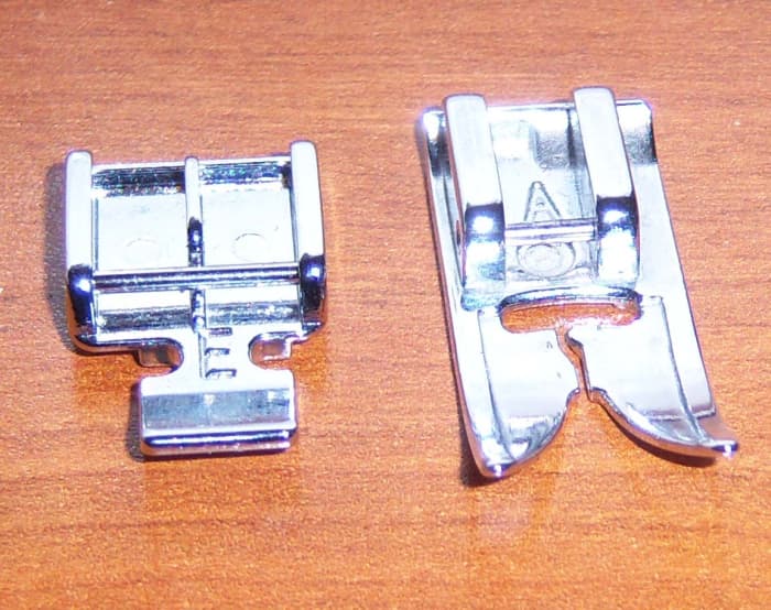The sewing machine foot on the left is designed specifically for installing zippers, and the one on the right is for regular sewing.