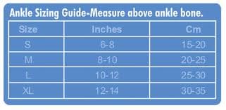 blue and white chart of different ankle sizes from small to extra large