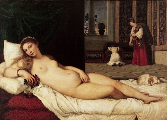 Titian, Venus of Urbino (1538), Florence Uffizi Gallery - Oil on canvas, size: 119.2 cm (46.9 in) x 165.5 cm (65.2 in)