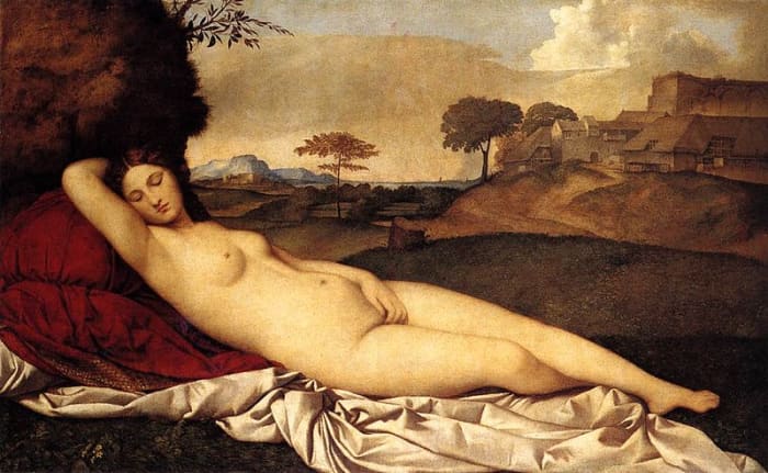Giorgione, Sleeping Venus (a. 1510), Dresden Gemäldegalerie Alte Meister - The painting was left unfinished by Giorgione and completed by Titian, who added the white cloth and the cushions and perhaps removed a Cupid in the right side