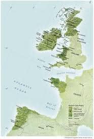 Celtic map showing the migration of the Iberians to Ireland, Scotland and Wales and the Celts to Galicia in Spain.