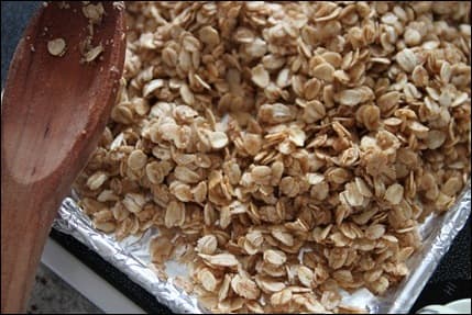 A very easy basic stovetop granola using 5 ingredients: oats, maple syrup, oil, cinnamon and salt.