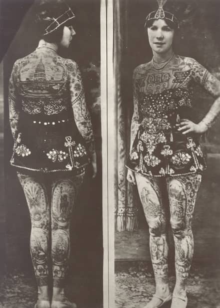 Lady Viola (originally born as Ethel Martin) Covington, Kentucky, 1898; tattooed by Frank Graf (Coney Island) in the 1920s. She became a tattoo attraction, billed as "the most beautiful tattooed woman in the world"; she wasn't only a circus tattooed