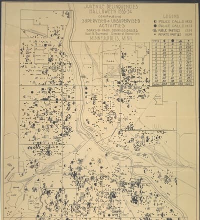 Produced by the Board of Park Commissioners, this map shows juvenile delinquency incidents on Halloween night, including police calls, public parties, and private parties.
