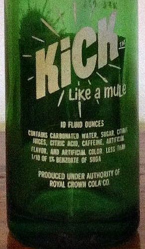 Kick like a Mule contains carbonated water, sugar, citric juices, citric acid, caffeine, artificial flavor and artificial color, less that 1 /10 of 1% of Benzoate of Soda.