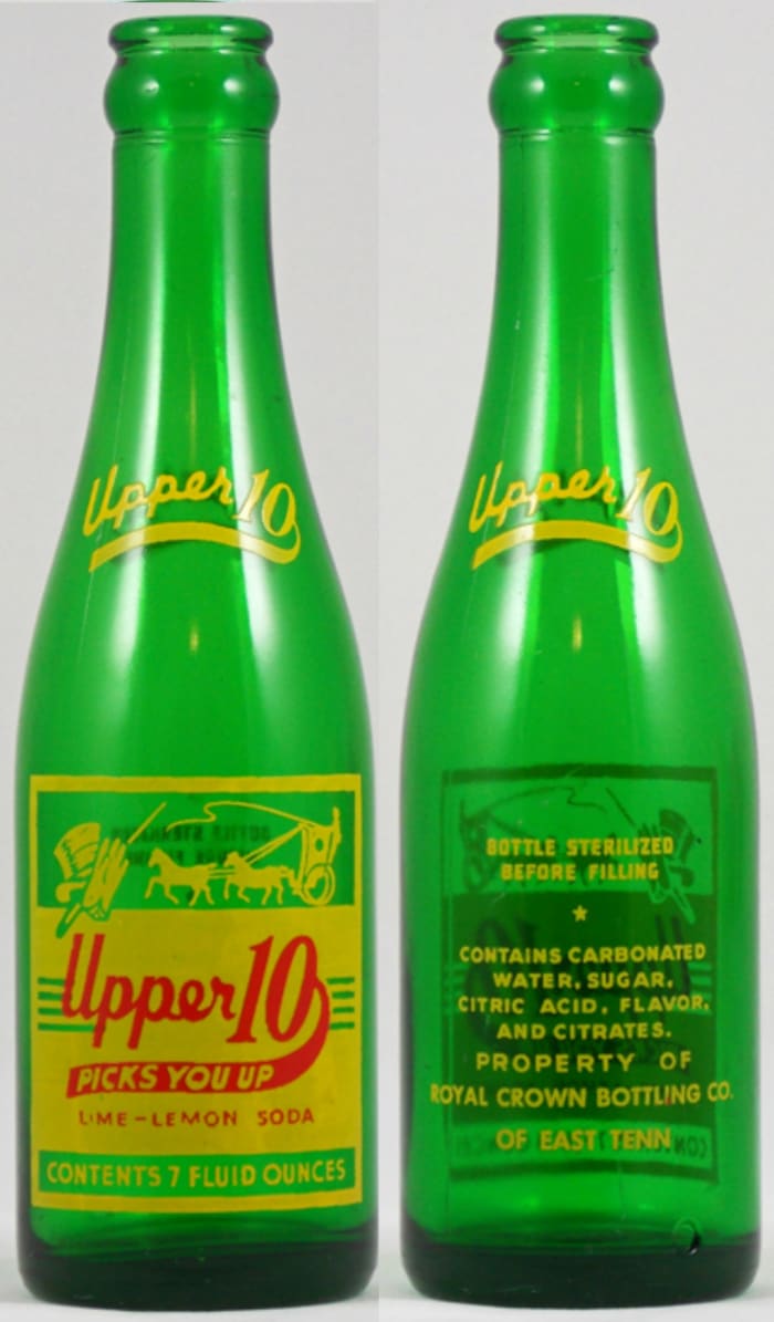 The Seven ounce Upper 10 bottle made by the Royal Crown Bottling Company of East Tennessee and was made in 1953. It was like "Kick" a lemon lime soft drink.