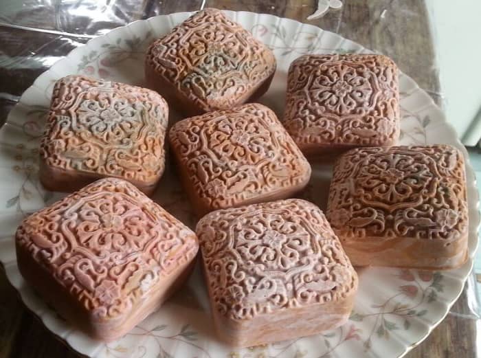 Celtic Rose Soap, colored with rhassoul clay, rose clay, sea clay, French pink clay, and yellow oxide.