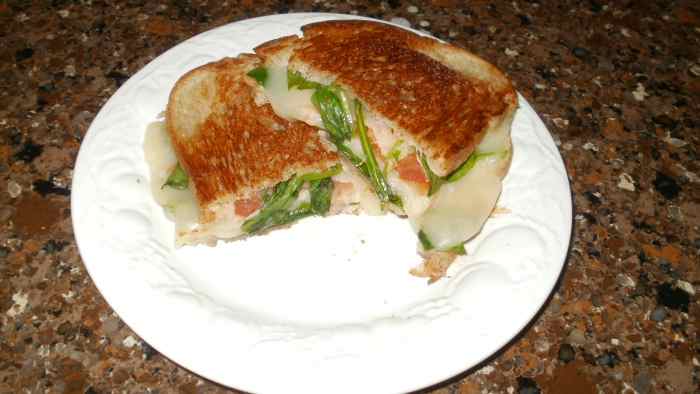 Grilled provolone cheese sandwich with baby spinach and sliced tomatoes on seedless rye. I used coconut oil on the outsides of the bread instead of butter. Yummy!
