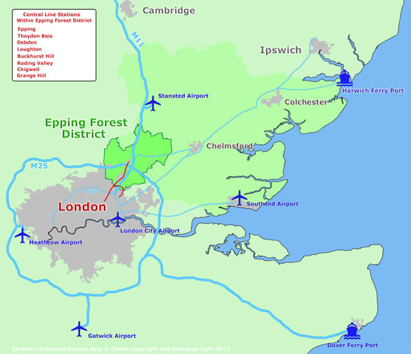 SE England - the darker green of Epping Forest Area, Wanstead Park is within the pink area to the north-east of the London conurbation