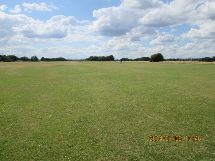 The view east to west along Wanstead Flats - there are goal posts all the way along the open ground between August and May for local league football matches