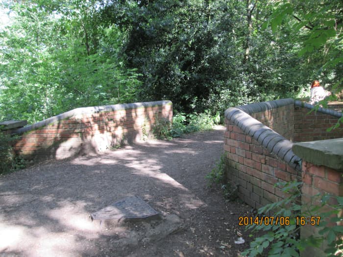 A narrow bridge over a deep drainage channel that takes the overflow from the Perch Pond to the great lake to the east of here through what has become a jungle