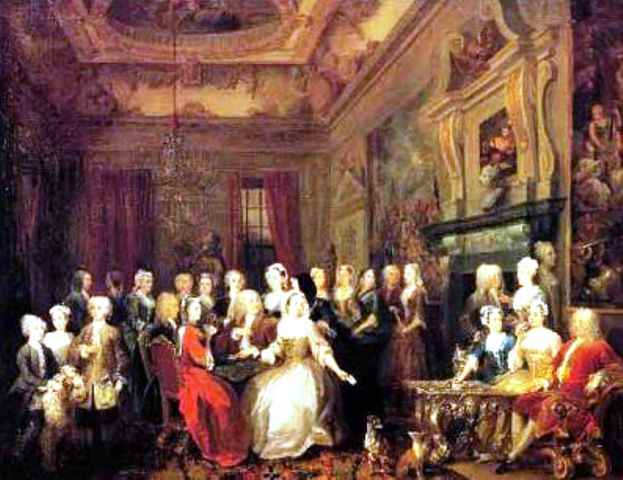 A Hogarth painting of an assembly at Wanstead House in the mid-18th Century. The immediate family is ranged across the forefront of historical figures
