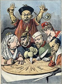 A French political cartoon depicting China as a pie about to be carved up by Queen Victoria (Britain), Kaiser Wilhelm II (Germany), Tsar Nicholas II (Russia), Marianne (France) and a samurai (Japan), while a Chinese mandarin helplessly looks on.
