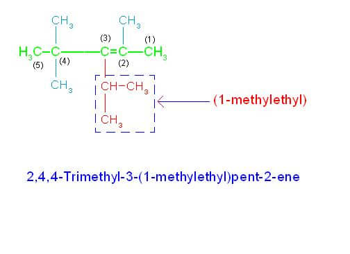 (1) Numbering is started from right end because double bond comes early. (2) Numbering of carbon atoms from 1 to 6 as shown in picture, is ideal as it contains maximum substitutions of 4.