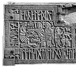The left half of the front panel of the 7th century Franks Casket, depicting the Germanic legend of Weyland Smith and containing a riddle in Anglo-Saxon runes.