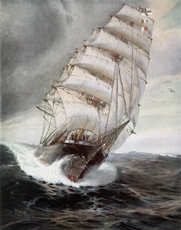 WW1: Painting by Christopher Rave of SMS Seeadler (Sea Eagle) in full sail on the high seas
