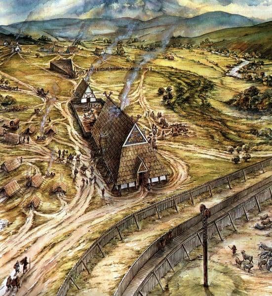 An artist's impression of Eadwin's hall at Yeavering with the speaking area built for Paulinus at the rear (top left).