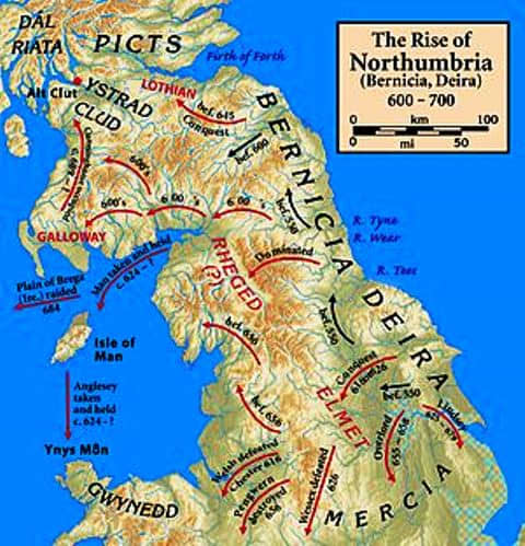 The early campaigns of the Northumbrian kings in and beyond the extended kingdoms. More than once a strong king of Northumbria would be 'Bretwalda' or over-king, acknowledged by Briton, Gael, Saxon and other Aengle (Anglian) kings