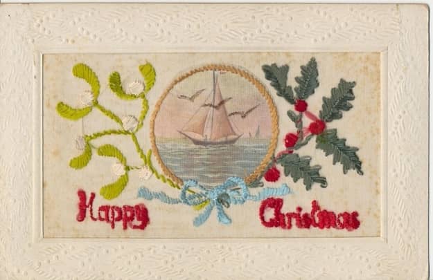 During 1914-1917, embroidered Christmas Cards made by women in France and Belgium were sold to soldiers serving in foreign lands fighting the World War I