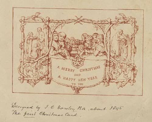 John Calcott Horsley designed the first Christmas Card, upon the request of his dynamic friend and personality - Sir Henry Cole.