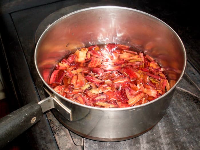 Put dried rhubarb in warm water and let it sit overnight. You may hurry the process somewhat by simmering the pieces.