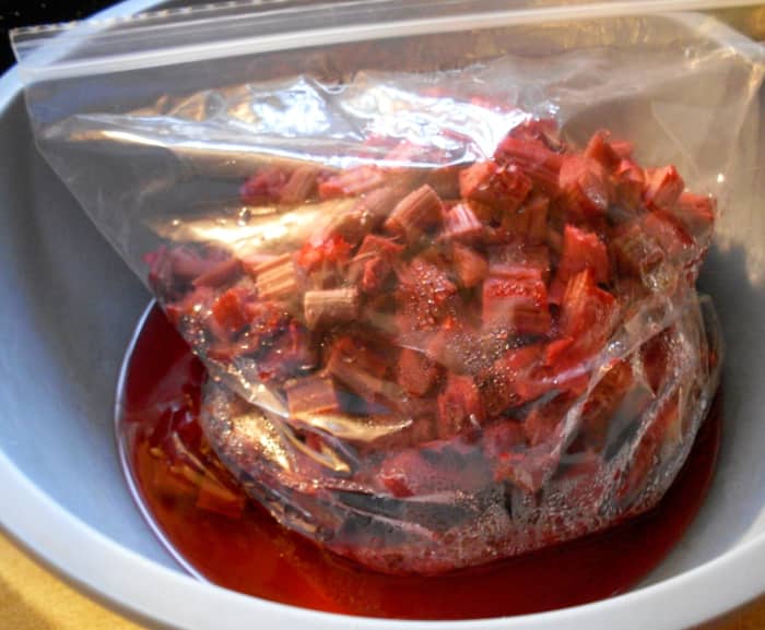 I am demonstrating with a bag of frozen rhubarb . . . I needed the freezer space for other things. If you are starting with fresh, wash and coursely chop the stalks.