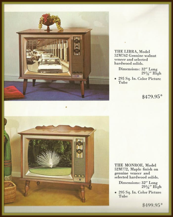 The Libra, Model 52M762 Genuine walnut veneer and selected hardwood solids. Dimensions 32 inches long and 29 1/8 inches high. The Monroe, model 52M772, Marple finish on genuine veneer and selected hardwood solids. Dimensions 32 inches long 29 1/8