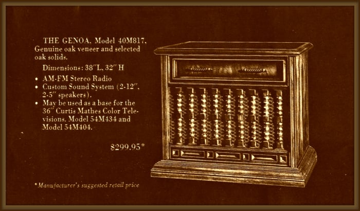 The Genoa, Model 40M817 Genuine oak veneer and selected oak solids. Dimensions: 38 inches long, 32 inches high. Am - FM Stereo Radio, Custom sound system with four speakers, It may be used as a base for the 36 inch Curtis Mathes color television ..