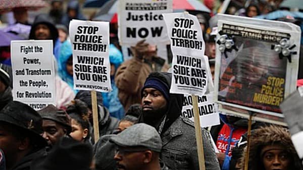This could be nearly anywhere in America, but it's a protest against a Wauwatosa, Michigan officer who killed a man in his parked car.