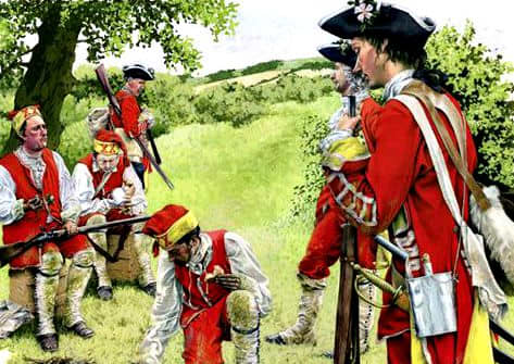 Light infantrymen at Minden, 1759 in the Seven Years' War. The nearest soldier, of the Yorkshire Regiment has a white rose in his hat [a reason for county regiments was men from other shires could hardly understand their fellows from another shire