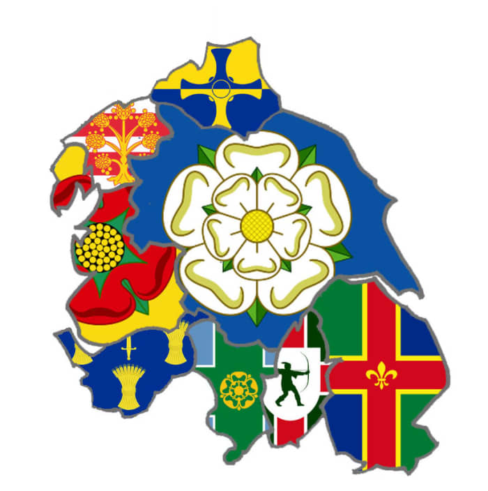 The banners of Yorkshire with the white rose at the heart with the neighbours, pictured are the cross of Durham at the top and Lincoln on the right, Nottinghamshire (Robin Hood), Derbyshire, Cheshire, Lancashire and Cumbria