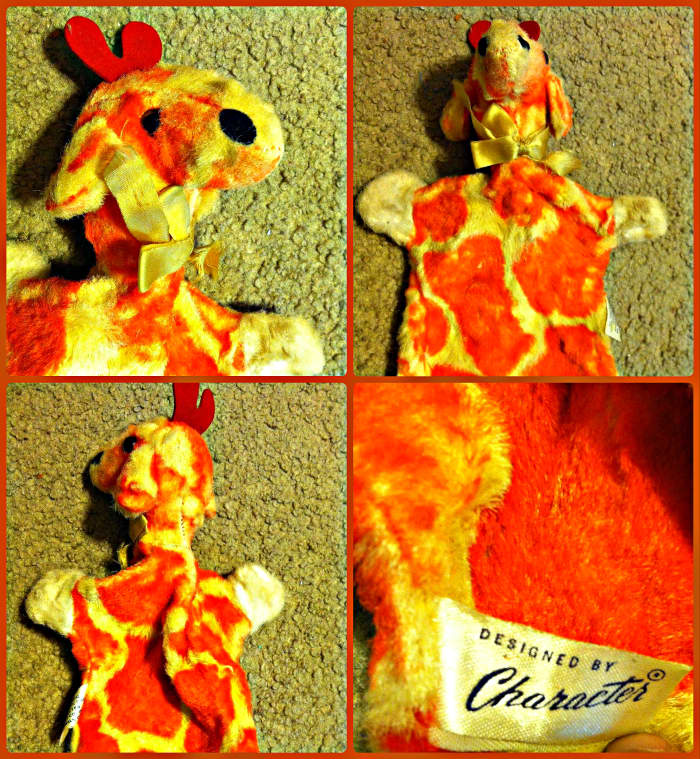 Here is a awesome vintage Giraffe hand puppet hand made with love by Character Novelty Co. The fur is bright and very plush. He has a golden bow that matches his coloring.