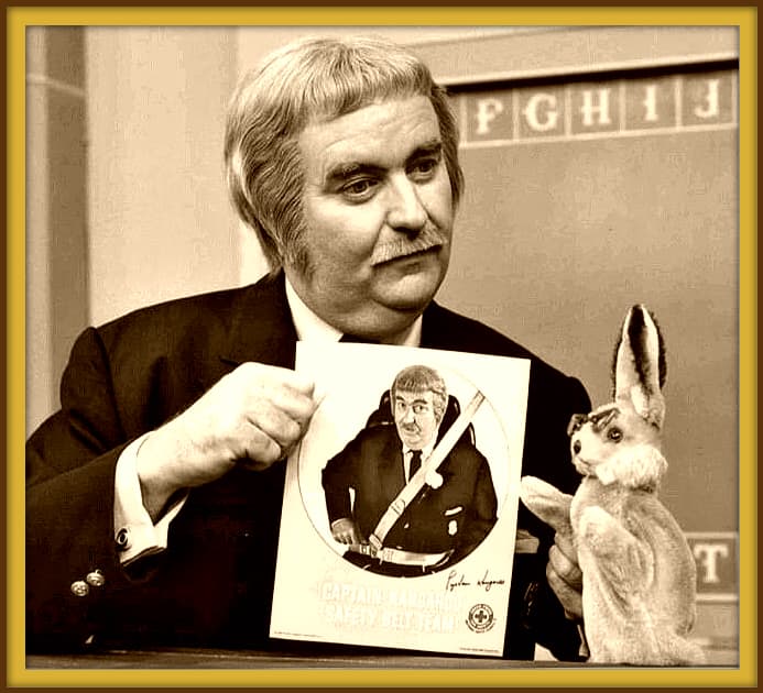 Captain Kangaroo with Bunny Rabbit. Bunny was made by Character Novelty Company. This was an AD that was part of a seat belt campaign. Bob Keeshan played Captain Kangaroo for many many years on TV.