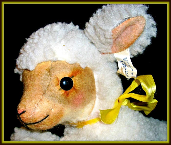 Made in 1961 this Character Novelty Company Easter or nursery Lamb is a wind up stuffed sheep and a plush toy. This little lamb was hand stitched and detailed in Connecticut with love.