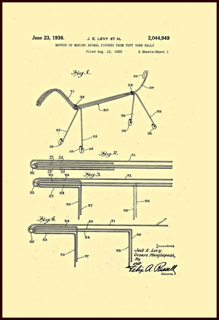 In June 23, 1936 Cesare Mangiapani patent a method of making toy animal figures from tuft yarn balls with the help of Jack E. Levy who was a partner in the Character Novelty Company. They had created a method of forming plush animal figures that com
